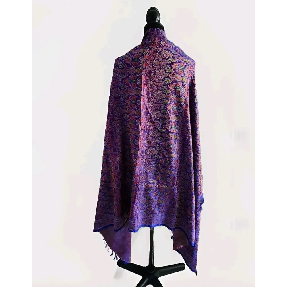 Unbranded Oversized Multicolor Silk Brocade Shawl Wrap W/ Fringes 44 X 72 Inches